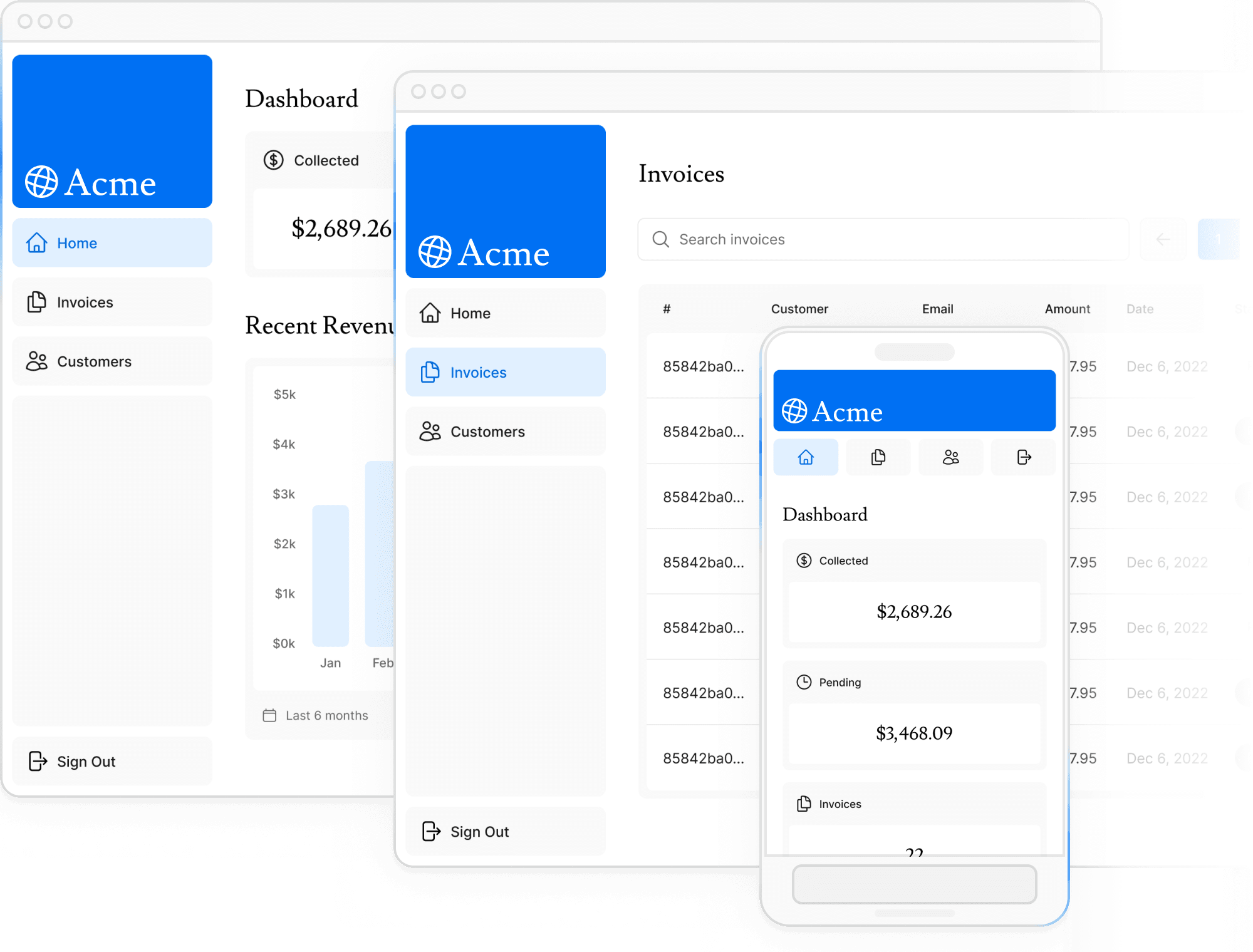 Screenshots of the dashboard project showing desktop and mobile version